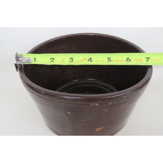 1899 Handmade Pottery Dish Dark Brown Glaze Salt Crock Bowl With Lip For Sale - Image 9 of 12