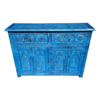 Blue Wash Handmade Moroccan Berber‑Style Wooden Sideboard For Sale