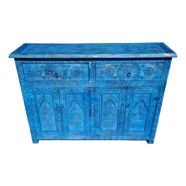 Blue Wash Handmade Moroccan Berber‑Style Wooden Sideboard For Sale