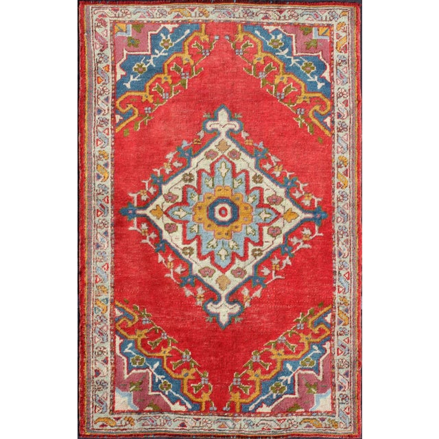 Textile Antique Turkish Oushak Small Rug in Bright Red, Blue, Lavender, Orange & Green For Sale - Image 7 of 7
