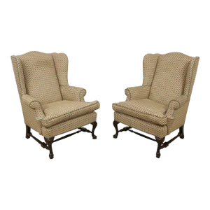 Pair Queen Anne Stretcher Base Upholstered Wing Chairs