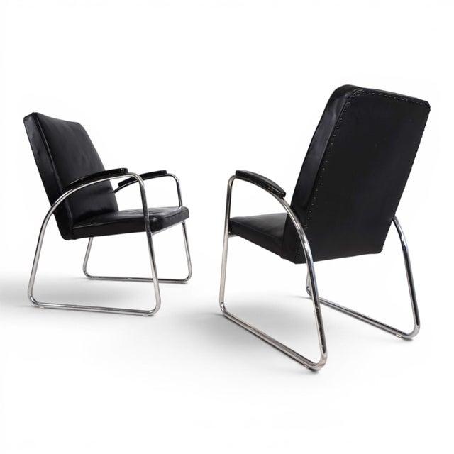 Bauhaus Bauhaus Streamline Leather Tubular Steel Armchairs, 1930, Set of 2 For Sale - Image 3 of 18