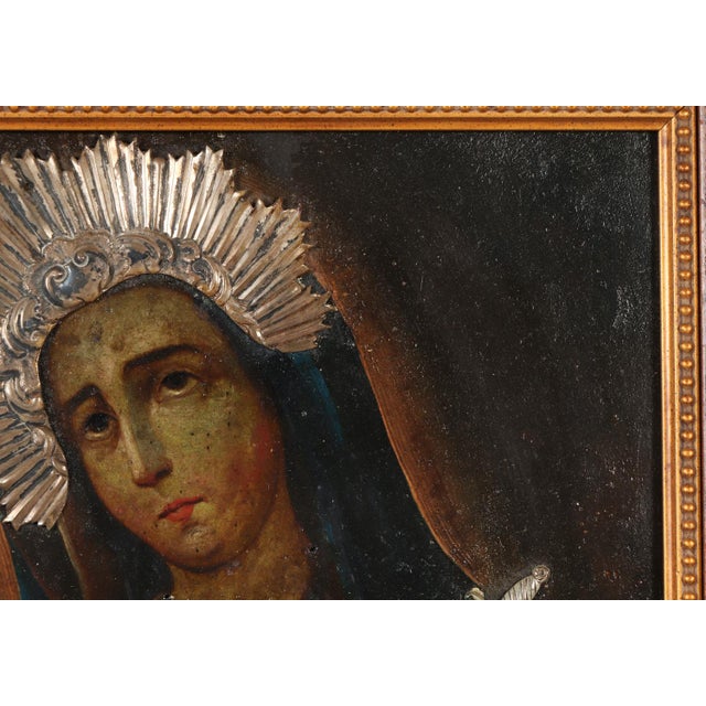 Mater Dolorosa, Oil on Metal With Silver Applique Resplendor and Dagger, 19th Century For Sale - Image 4 of 11