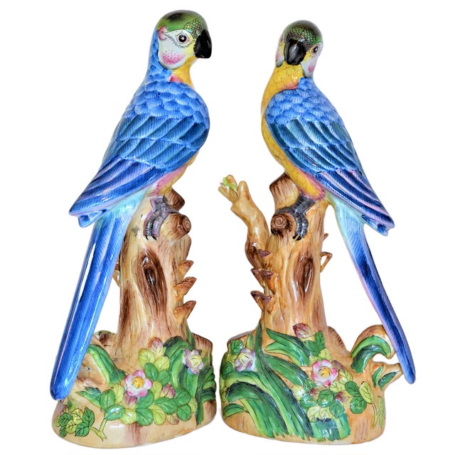 1980s Vintage Chinese Blue Majolica Parrot Figurines - A Pair For Sale - Image 5 of 13