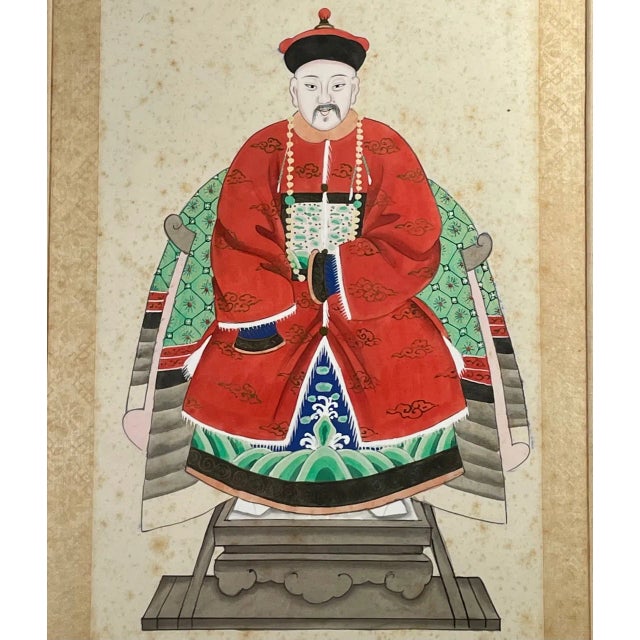 Chinese Ancestor Portrait of a Mandarin Dignitary. Antique tempera on paper painting of a Mandarin Dignitary wearing a red...