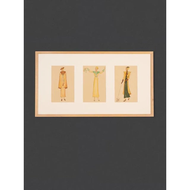 Original fashion drawings from the 1920s in a set of 3. Colored pencil drawings on paper. Ready to hang framed with mount...