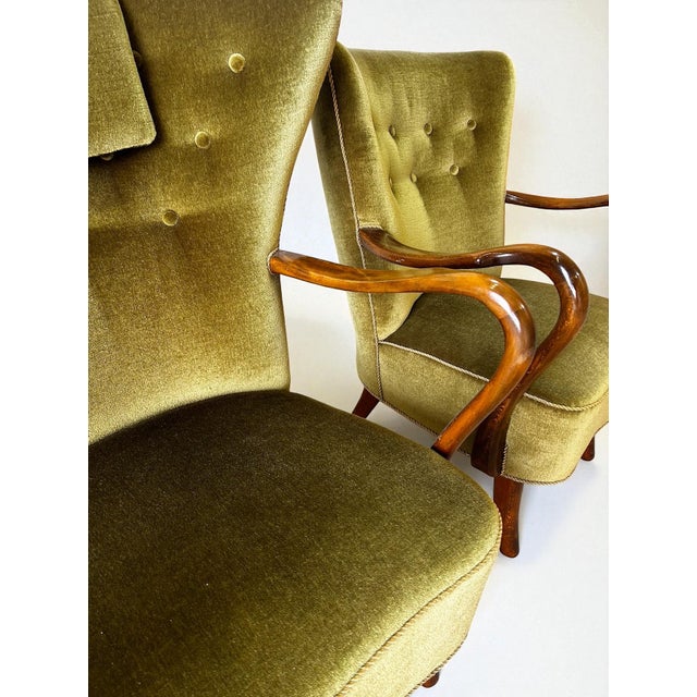 1940s Vintage Danish Lounge Chairs in Green Velvet by Alfred Christensen, 1940s, Set of 2 For Sale - Image 5 of 9