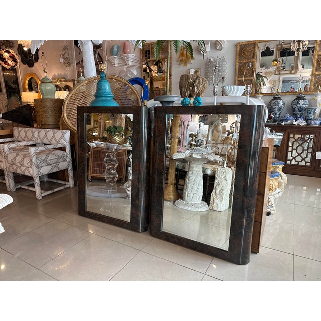 Vintage Pair of Mid Century Modern Dark Burl Wood Laminate Wall Mirrors For Sale - Image 11 of 12