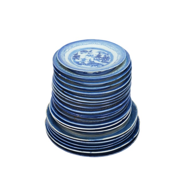 Chinoiserie Antique 19th C Chinese Export Canton Blue White Porcelain Dinner Salad Plates - Set of 22 For Sale - Image 3 of 7