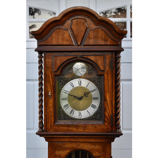 Ridgeway Oak Grandfather Clock Jacobean Style Barley Twist Tempus Fugit For Sale - Image 12 of 18