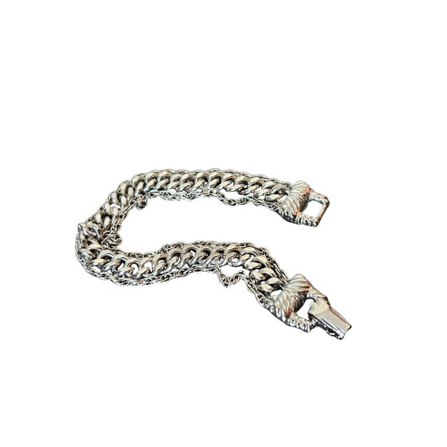 Vintage Goldette Nyc Silver-Tone Double Curb Link Bracelet With Figural Clasp | Victorian Revival Costume Jewelry | 1950s–1970s For Sale - Image 6 of 10