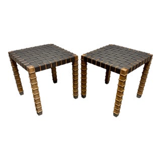 Theodore Alexander Leather Strap Wood End Tables - A Pair For Sale