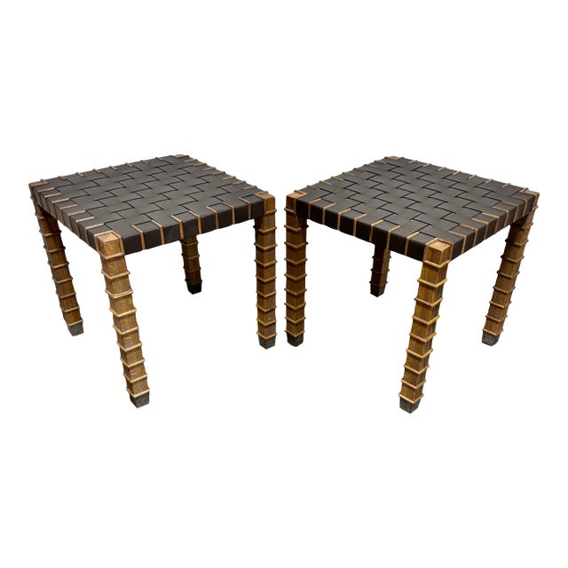 Theodore Alexander Leather Strap Wood End Tables - A Pair For Sale