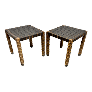 Theodore Alexander Leather Strap Wood End Tables - A Pair