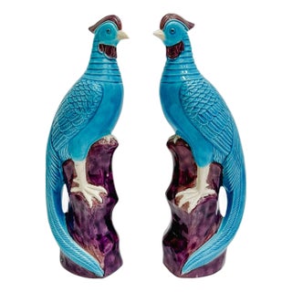 Early 20th Century Chinese Turquoise Porcelain Perched Phoenix Birds - A Pair For Sale