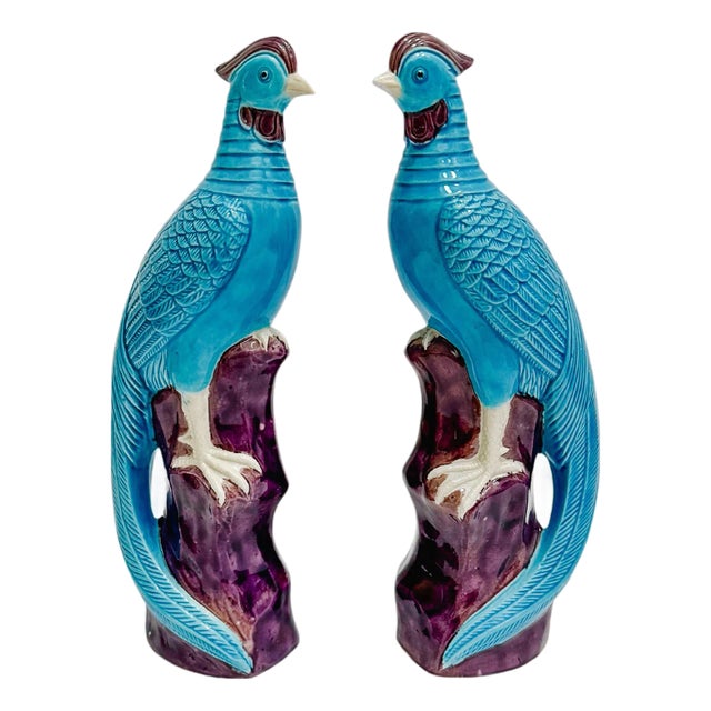 Early 20th Century Chinese Turquoise Porcelain Perched Phoenix Birds - A Pair For Sale