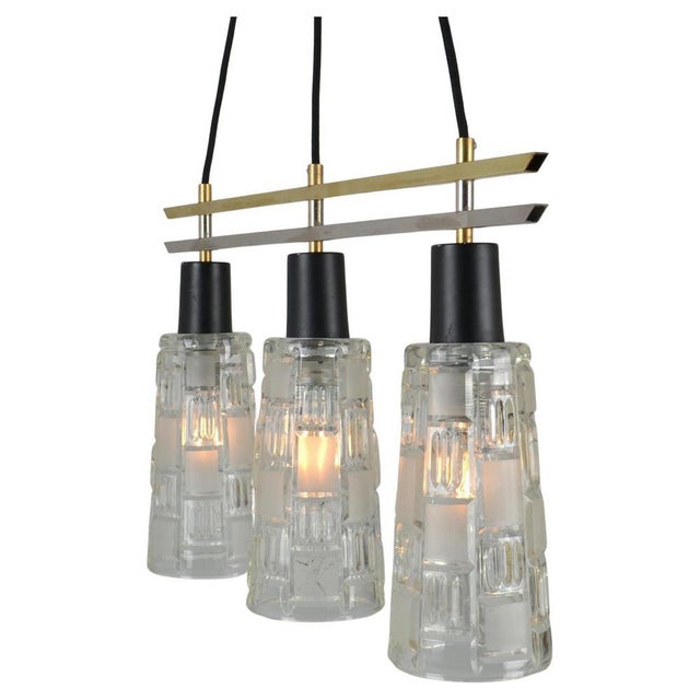 1960s Triple Light Hanging Lamp in Brass Chrome and Clear Glass, 1960s For Sale - Image 5 of 14