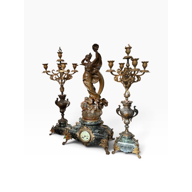Art Nouveau Antique French Bronze & Marble Art Nouveau Clock Set - La Nuit Madrassi For Sale - Image 3 of 7