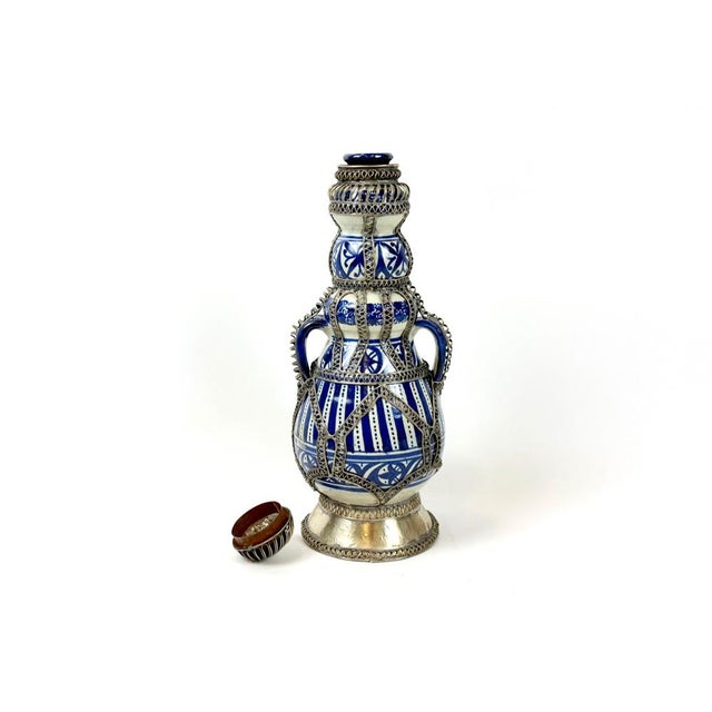 Ceramic Mid-Century Moroccan Hand Painted Cobalt Ceramic Decanter with Wire Filigree Detailing, 1950s For Sale - Image 7 of 14