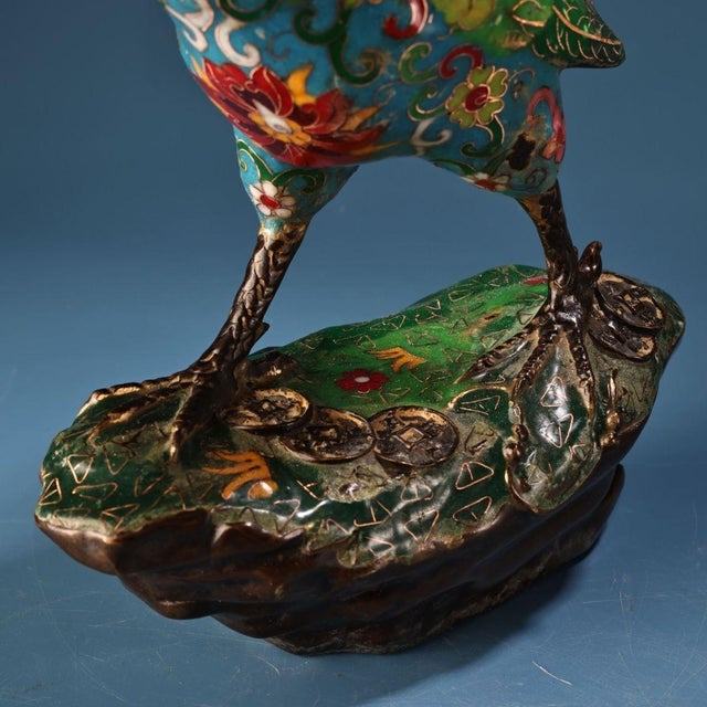 Vintage Chinese Cloisonné Enamel & Gilt Bronze Rooster Sculpture on Stand For Sale - Image 4 of 10