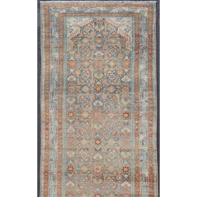 Tribal Antique Persian Malayer Runner With Allover Motif's in Soft Blue Field 3'4 X17'0 For Sale - Image 3 of 12