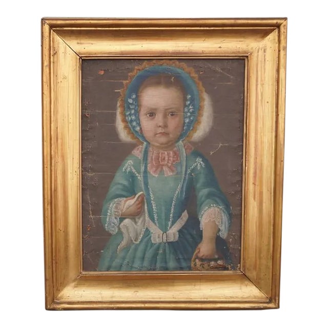 Portrait of a Little Girl 1850-1860 Oil on Mounted Canvas, Framed For Sale