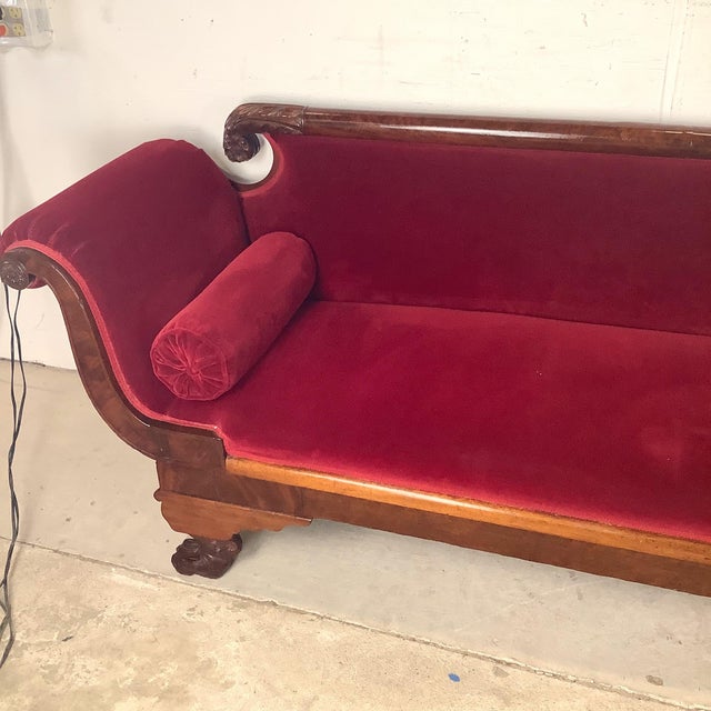 Late 19th Century Antique American Empire Revival Mahogany Settee — Scroll Arms, Carved Paw Feet, Crimson Velvet For Sale - Image 5 of 12