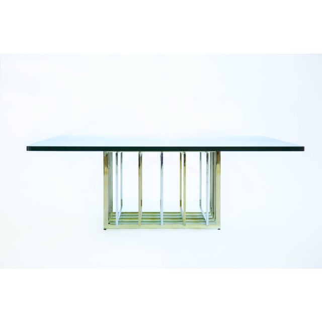 Pierre Cardin geometric grid table, intersecting brass and chrome patterns with polished 3/4" glass top with radius corners.