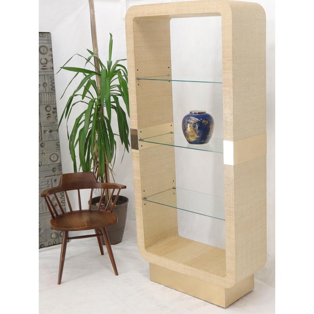 Textile Raffia Cloth Finished Rounded Angles Étagère Display Unit Glass Shelves For Sale - Image 7 of 12