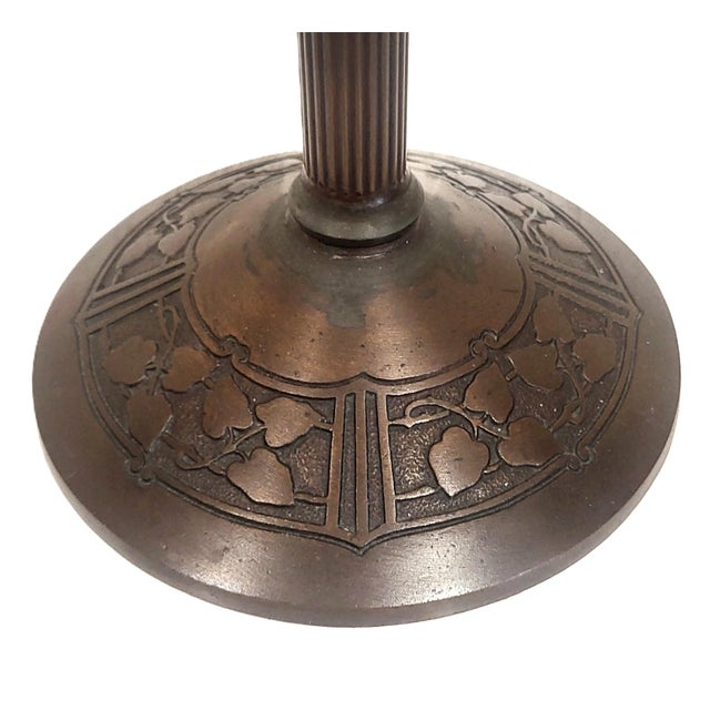 Metal Antique Bronze Rose Overlay & Stained Slag Glass Table Lamp #559 by Handel For Sale - Image 7 of 18
