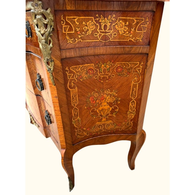 Pink Vintage Louis XV Style Floral Marquetry Bombe Commode With Marble Top For Sale - Image 8 of 18