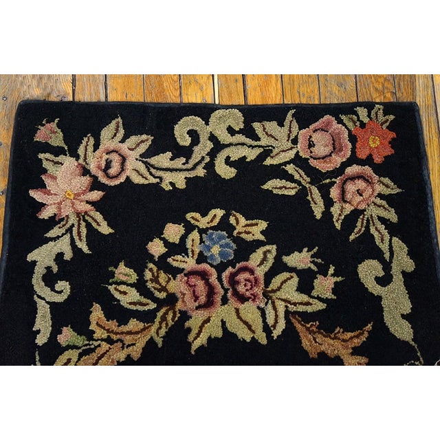 Early 20th Century 1920s Black Floral Folk Art Antique American Hooked Rug 2'4" X 4'2" Handwoven Wool Carpet For Sale - Image 5 of 5