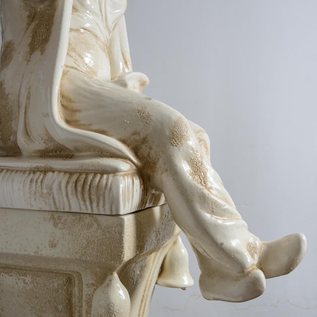Italian Glazed Terracotta Chinoiserie Monumental Figures on Pedestals For Sale - Image 11 of 16