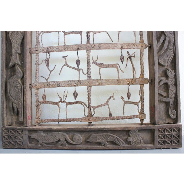 Tribal Wood Carved Two Sculptural Panels ‘Window’ With Metal Animals & Figures For Sale - Image 3 of 13