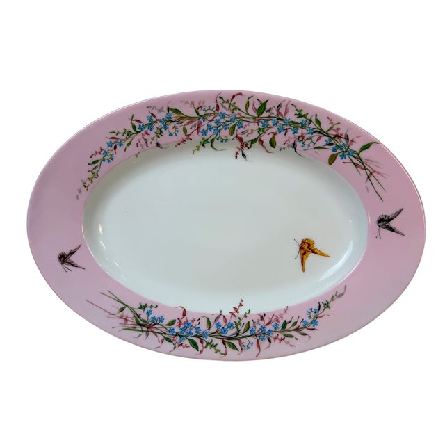 Late 19th Century Antique French Large Floral & Butterfly Pink Limoges Porcelain Oval Platter For Sale - Image 5 of 6