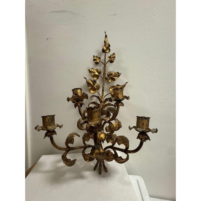 Neoclassical Antique Italian Wall Sconce Candelabra With Gilt Gold Leaf Motif for Five Candles, C. 1920s For Sale - Image 3 of 7