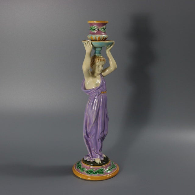 Mauve George Jones Majolica Egyptian Figural Candlestick For Sale - Image 8 of 13