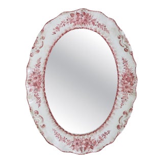 Vintage Italian Floral Ceramic Oval Wall Mirror by Bassano For Sale
