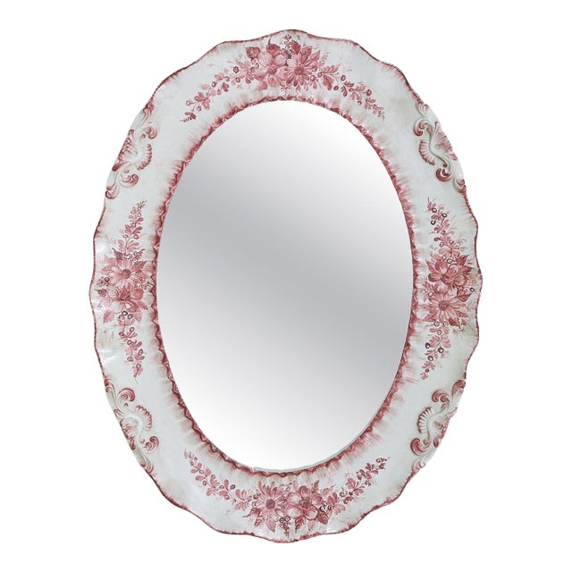 Vintage Italian Floral Ceramic Oval Wall Mirror by Bassano For Sale