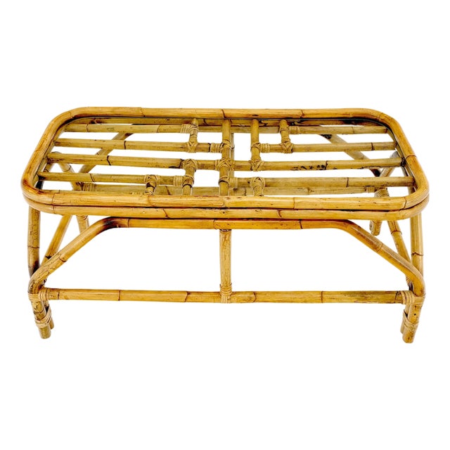 Rattan Bamboo Rectangle Glass Top Mid-Century Modern Coffee Table Mnt! For Sale