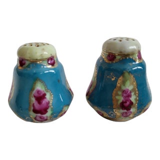 1920s/1930s Handpainted Turquoise and Purple Floral Salt & Pepper Shaker Set For Sale