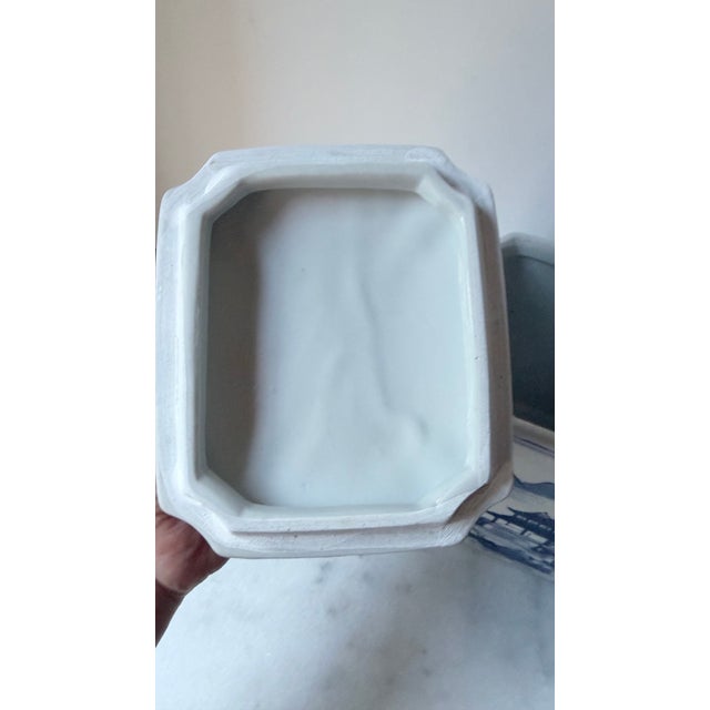 Blue and White Chinoiserie Rectangular Jar With Lid For Sale - Image 11 of 13
