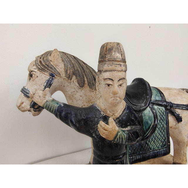 Antique 16th Century Chinese Ming Dynasty Glazed Pottery Horse and Groom - Rare Cobalt Blue and Turquoise Mingqi Secure a...