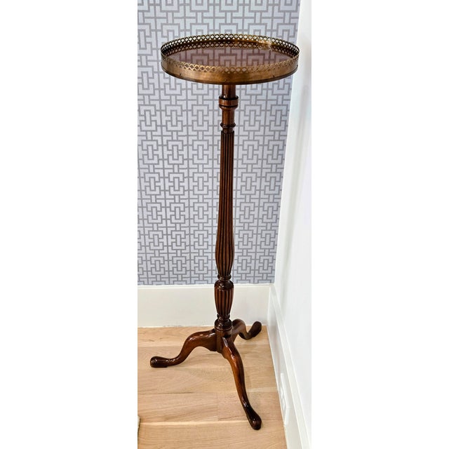 Mid-Century Modern Mid-Century English Mahogany Brass Gallery Tripod Plant Stand / Drinks Table For Sale - Image 3 of 14