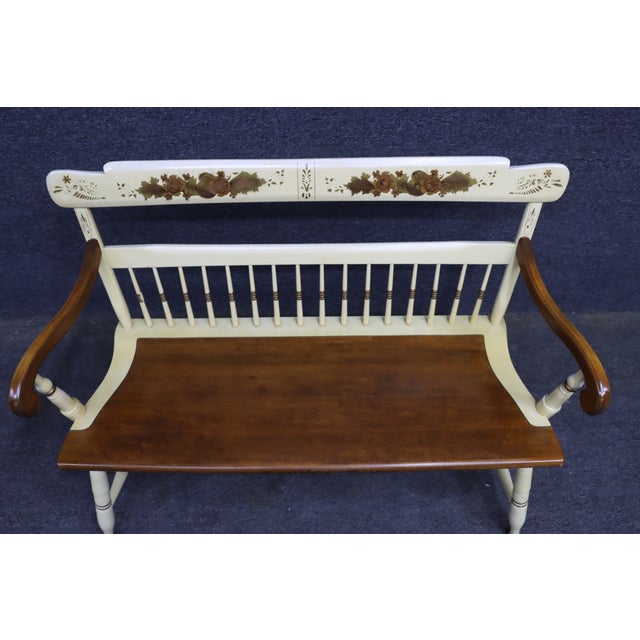 Hitchcock Style Painted Maple Bench With Floral Decoration For Sale - Image 4 of 11