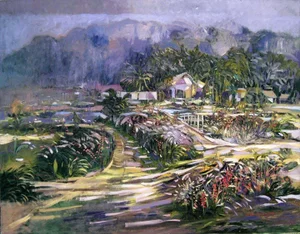 1980s "Upcountry Maui" Hawaiian Landscape Aerial View Oil Painting by R. Bolton Smith
