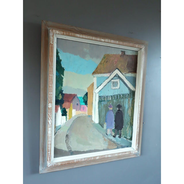 Mid-Century Modern 'Walking Home Together' Vintage Original Swedish Naïve Style Street Scene Oil Painting, Framed For Sale - Image 4 of 12