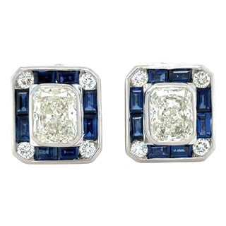 Mid 20th Century 4.34 Carat Radiant Cut Diamond and Sapphire Stud Earrings, Pair For Sale