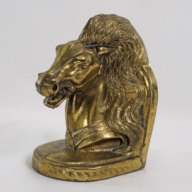 Gold Pair of Mid Century Goldtone Stallion Horsehead Bookends BMPro For Sale - Image 8 of 10