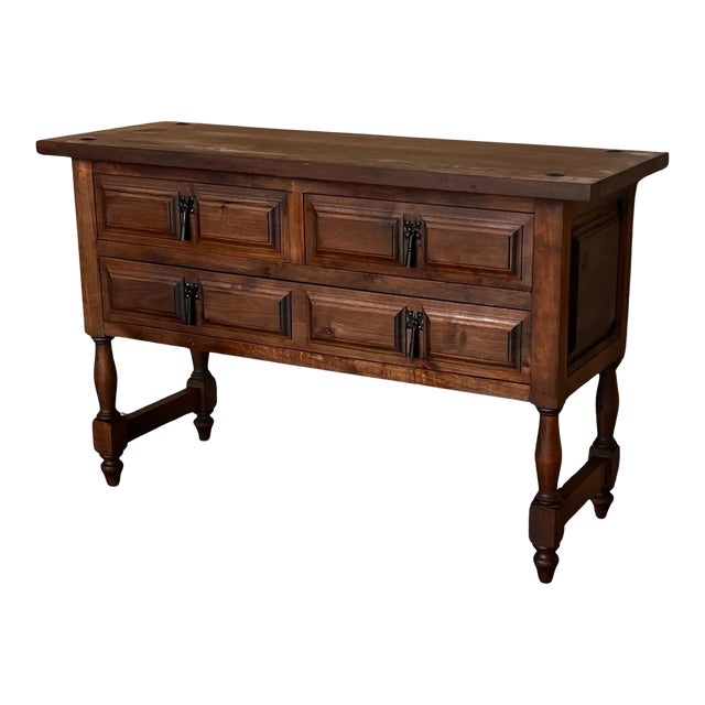 19th Century Catalan Spanish Carved Walnut Console Sofa Table, Four Drawers For Sale